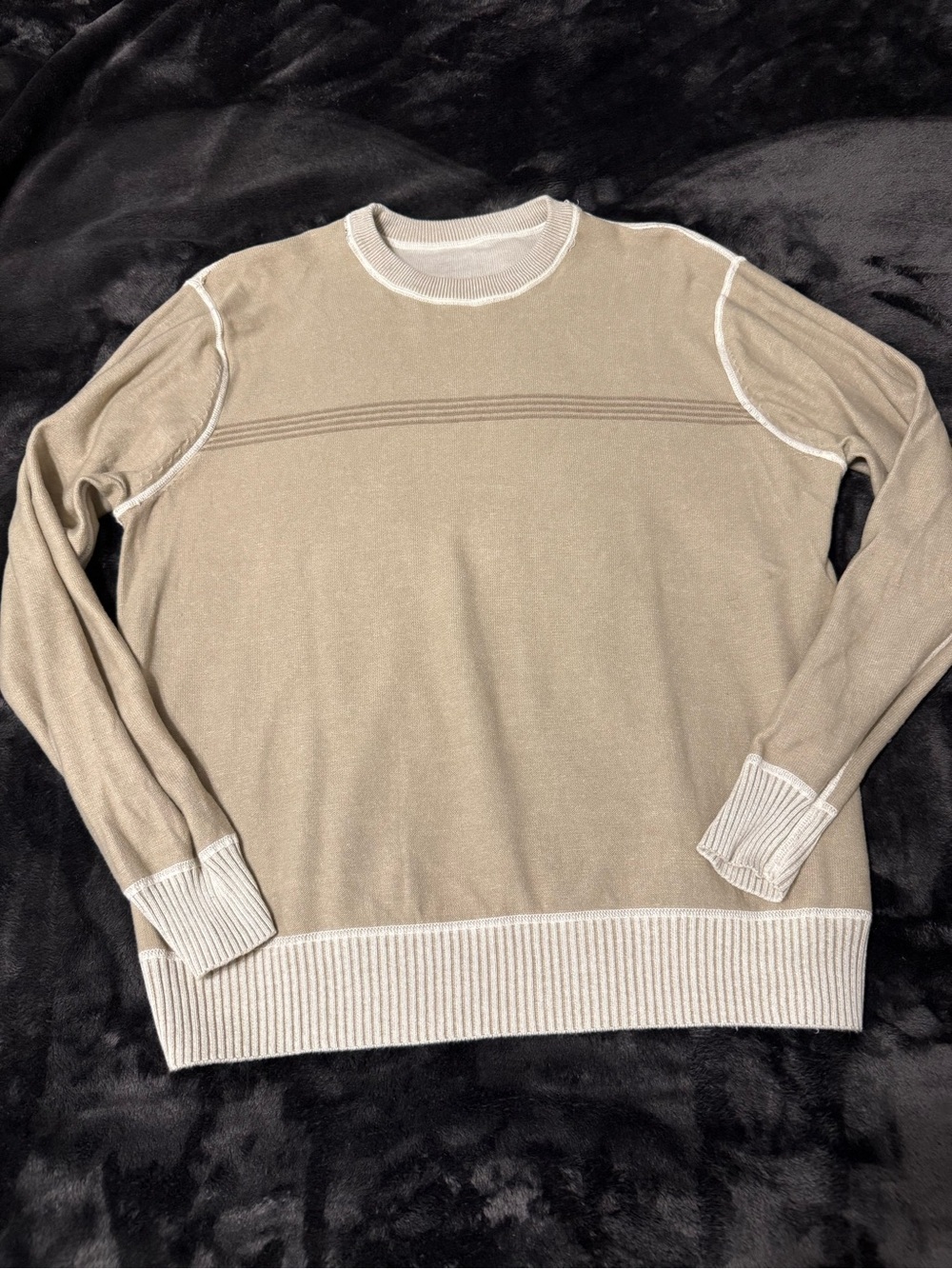 Geoffrey Beene Light Beige Reversible Crewneck Sweater with Narrow Stripe - Picture 7 of 8